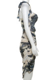 Khaki Sexy Print Hollow Out Patchwork Backless Halter Wrapped Skirt Dresses