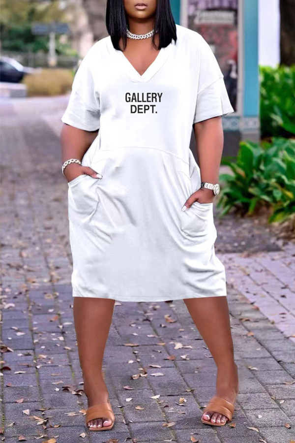 White Casual Street Letter Print Pocket V Neck Short Sleeve Short Sleeve Dress