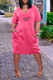 Rose Red Casual Street Letter Print Pocket V Neck Short Sleeve Short Sleeve Dress