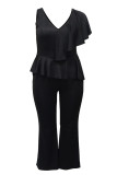 Black Casual Solid Color Patchwork Ruffle V Neck Plus Size Jumpsuits