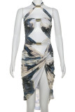 Khaki Sexy Print Hollow Out Patchwork Backless Halter Wrapped Skirt Dresses
