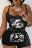 Black Sexy Print Patchwork Backless Spaghetti Strap Sleeveless Two Pieces