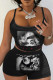 Black Sexy Print Patchwork Backless Spaghetti Strap Sleeveless Two Pieces
