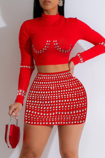 Red Sexy Patchwork Hot Drill O Neck Long Sleeve Two Pieces