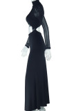 Black Celebrities Solid Color Hollow Out Patchwork Half A Turtleneck Long Dresses