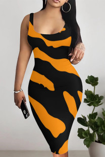 Orange Sexy Geometric Print Contrast U Neck Printed Dresses
