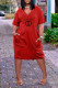 Red Casual Daily Letter Print Pocket V Neck Short Sleeve Short Sleeve Dress
