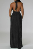 Green Celebrities Solid Color Hollow Out Patchwork Backless Pleated O Neck Long Dresses