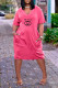 Rose Red Casual Daily Letter Print Pocket V Neck Short Sleeve Short Sleeve Dress