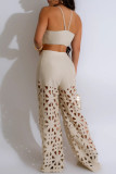 Apricot Casual Solid Color Hollow Out Patchwork Backless Halter Sleeveless Two Pieces