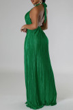 Green Celebrities Solid Color Hollow Out Patchwork Backless Pleated O Neck Long Dresses