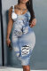 Blue Casual Faux Denim Print Basic U Neck Vest Dresses