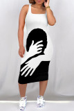 Black White Casual Figure Print Butterfly Print Contrast U Neck Printed Dresses