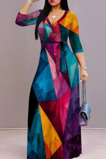 Multicolor Celebrities Print Patchwork Strap Design V Neck Long Dresses