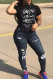 Black Casual Letter Print O Neck T-Shirts