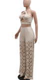 Apricot Casual Solid Color Hollow Out Patchwork Backless Halter Sleeveless Two Pieces