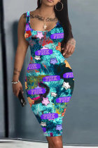 Lake Blue Casual Print Basic U Neck Vest Dresses