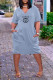 Light Blue Casual Daily Letter Print Pocket V Neck Short Sleeve Short Sleeve Dress