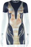 Black Sexy Print Patchwork O Neck Wrapped Skirt Dresses