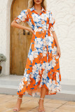 Tangerine Red Celebrities Print Buckle Patchwork Strap Design Turndown Collar Long Dresses