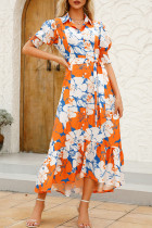 Tangerine Red Celebrities Print Buckle Patchwork Strap Design Turndown Collar Long Dresses