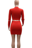 Red Sexy Patchwork Hot Drill O Neck Long Sleeve Two Pieces