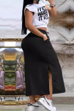 White Black Casual Letters Pocket Lace Up Patchwork Slit O Neck Two Pieces