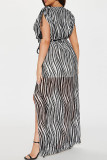 Black Celebrities Stripe Patchwork High Slit Strap Design V Neck Long Dresses