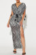 Black Celebrities Stripe Patchwork High Slit Strap Design V Neck Long Dresses