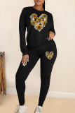 Black Casual Print Patchwork O Neck Short Sleeve Two Pieces