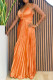 Tangerine Red Celebrities Solid Color Patchwork Backless Pleated Spaghetti Strap Sling Dresses