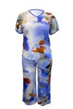 Blue Casual Print Basic V Neck Plus Size Two Pieces