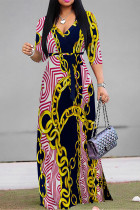 Pink Casual Street Geometric Print Chain print Lace Up V Neck Printed Dresses
