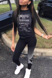 Black Casual Letter Print O Neck T-Shirts