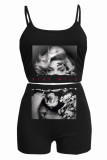 Black Sexy Print Patchwork Backless Spaghetti Strap Sleeveless Two Pieces