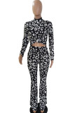 Blue White Casual Print Patchwork Half A Turtleneck Long Sleeve Two Pieces