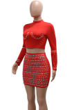 Red Sexy Patchwork Hot Drill O Neck Long Sleeve Two Pieces