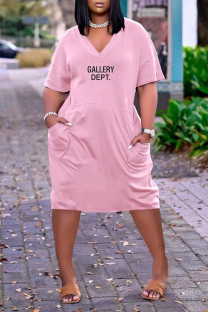 Pink Casual Street Letter Print Pocket V Neck Short Sleeve Short Sleeve Dress