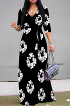 Black Casual Floral Print Lace Up V Neck Printed Dresses