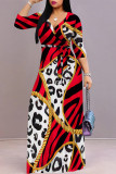 Zebra Casual Street Leopard Print Zebra Print Chain print Lace Up Contrast V Neck Printed Dresses