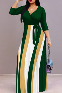 Green Casual Print Patchwork Strap Design V Neck Long Dresses