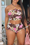 Colour Sexy Print Patchwork Backless Halter Sleeveless Two Pieces