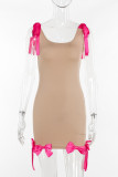 Khaki Sexy Patchwork Backless Bow Decor Belted U Neck Sling Dresses