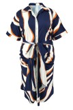 Deep Blue Casual Print Buttons Belted Turndown Collar Shirt Plus Size Dresses
