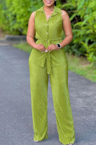 Green Casual Solid Color Buttons With Belt Turndown Collar Sleeveless Two Pieces