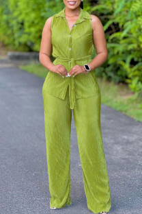 Green Casual Solid Color Buttons With Belt Turndown Collar Sleeveless Two Pieces