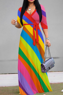 Multicolor Casual Stripe Patchwork Strap Design V Neck Long Dresses