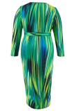 Green Casual Print Basic O Neck Long Sleeve Plus Size Dresses