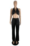 Black Sexy Casual Solid Color Backless Halter Sleeveless Two Pieces