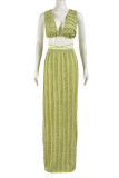 Green Sexy Casual Solid Color Backless Cross Straps Deep V Neck Sleeveless Two Pieces